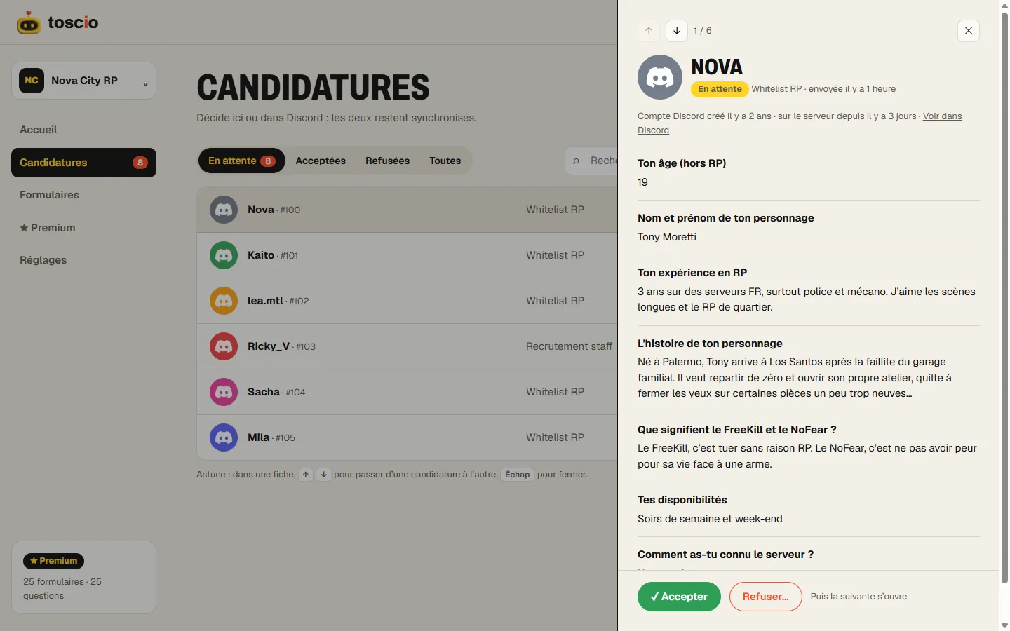 Application review in the dashboard